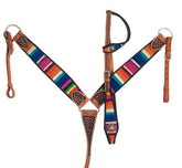 Showman One Ear Headstall  Breast collar set with wool southwest blanket inlay