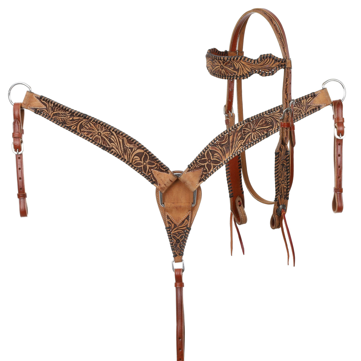 Showman Medium oil leather Browband headstall and breast collar set with tooled flowers and black whip stitching