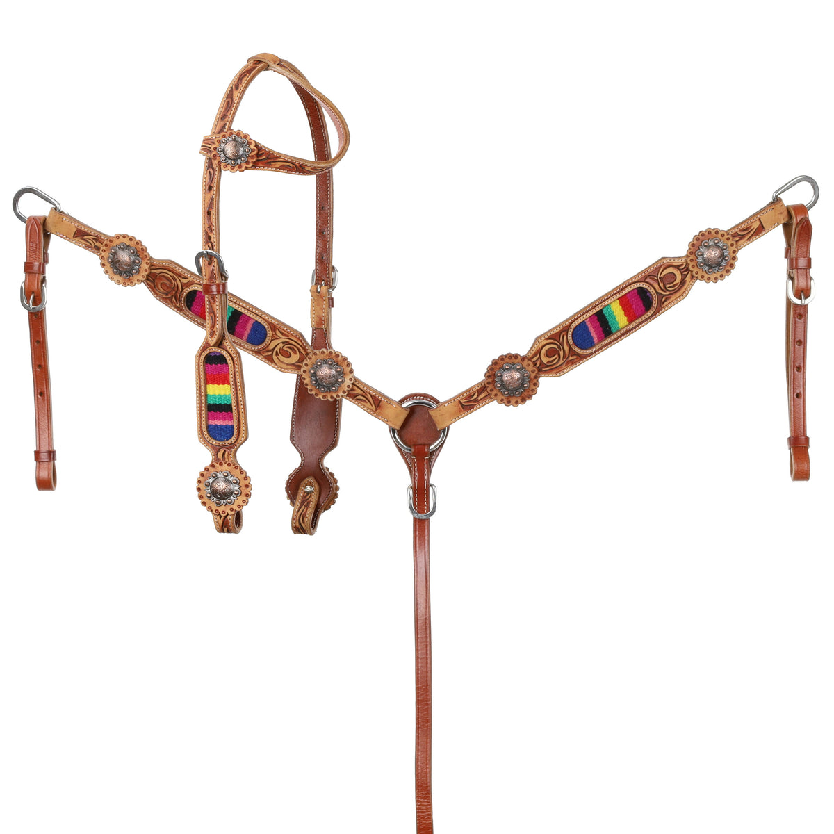 Showman One Ear medium leather Headstall  Breast collar set with wool southwest blanket inlay