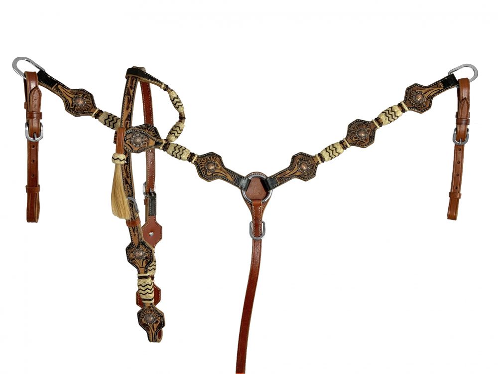 Showman One Ear headstall and breast collar set with rawhide accents