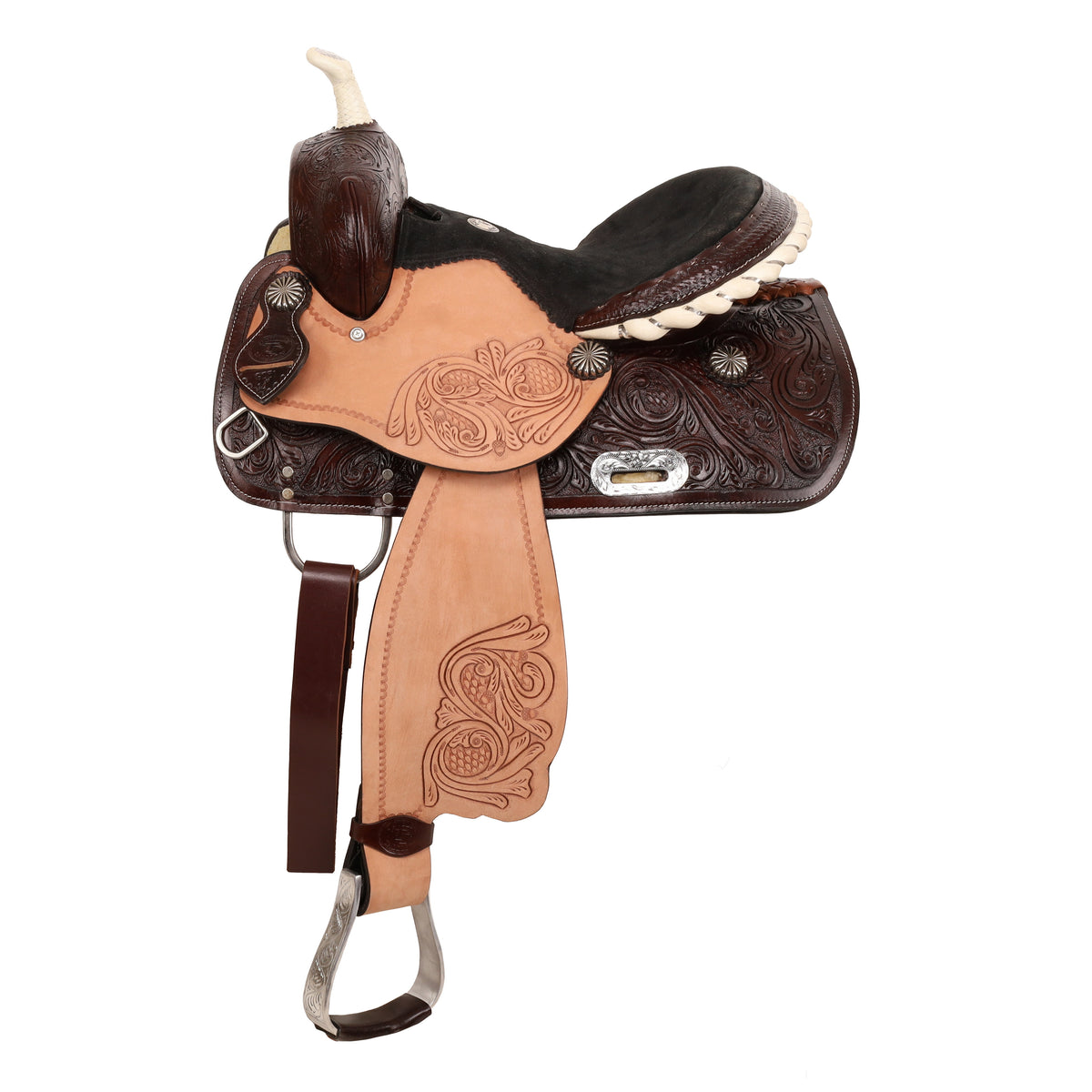 Double T Barrel Style Saddle with Engraved Silver Stirrups - 14, 15, 16 Inch