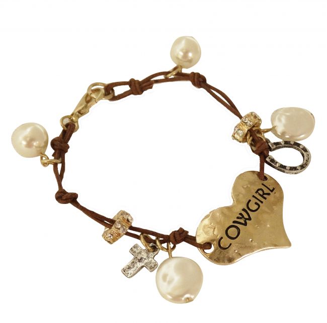 "Cowgirl" gold heart bracelet with pearl charms