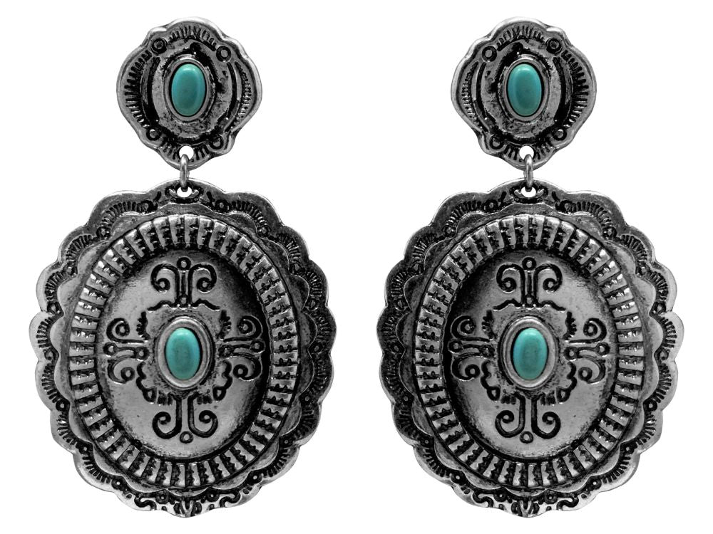 Western Style Concho Teal Drop Statement Earrings