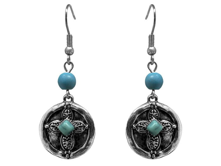 Silver Cross Earrings with Turquoise accents