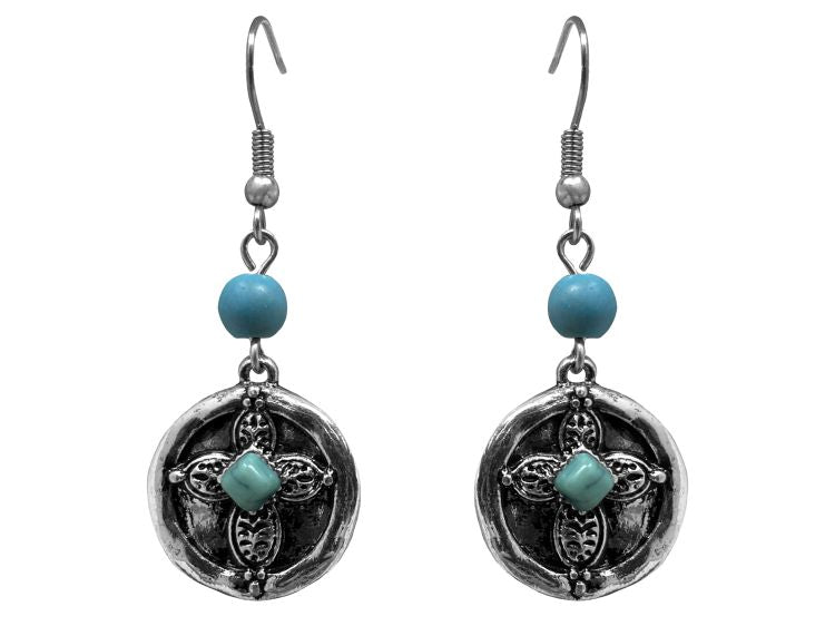 Silver Cross Earrings with Turquoise accents