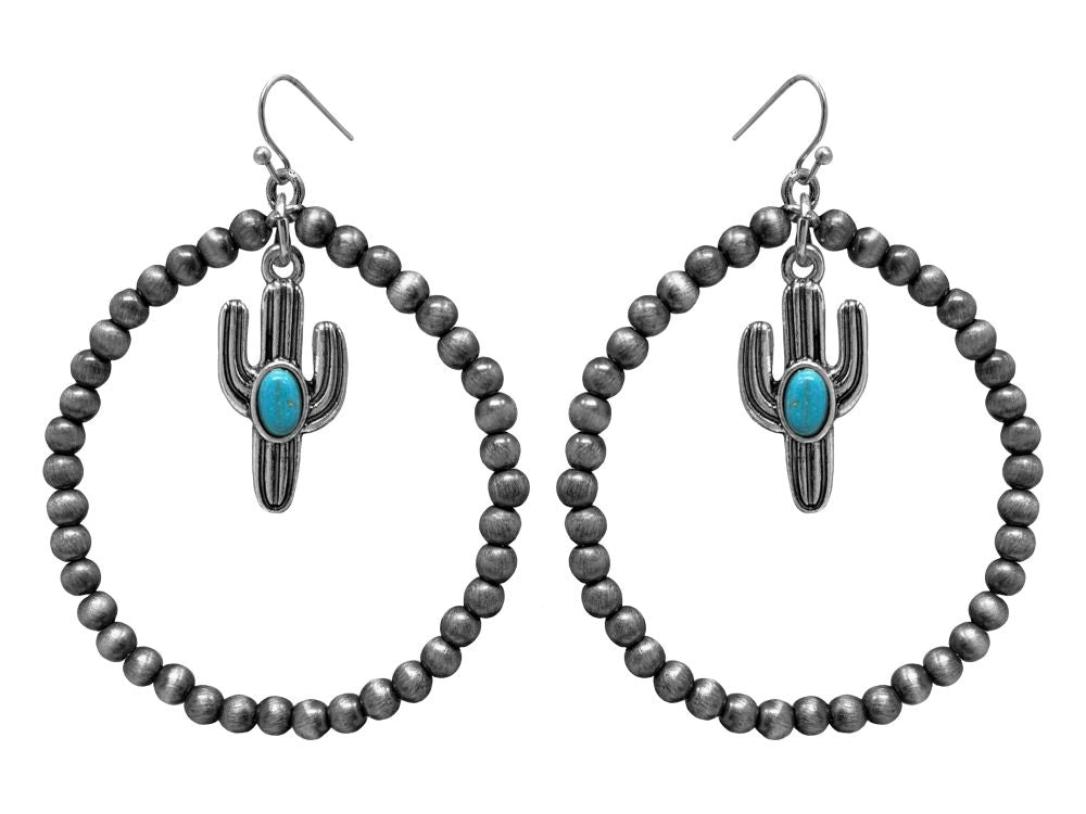 A set of 2" silver beaded hoop earrings with cactus decal
