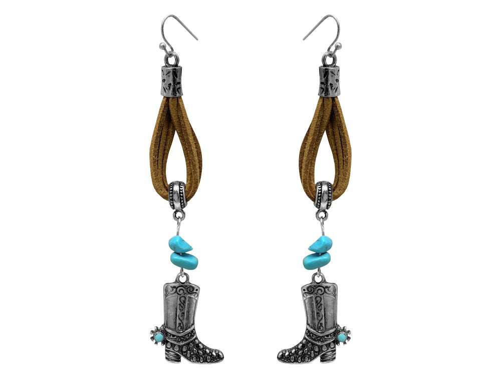 Western boot dangle earring on leather with turquoise stones