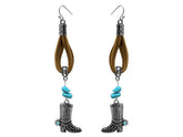 Western boot dangle earring on leather with turquoise stones