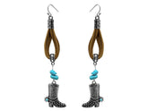 Western boot dangle earring on leather with turquoise stones