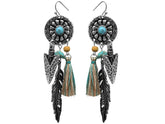 Round concho earring with feather and tassels