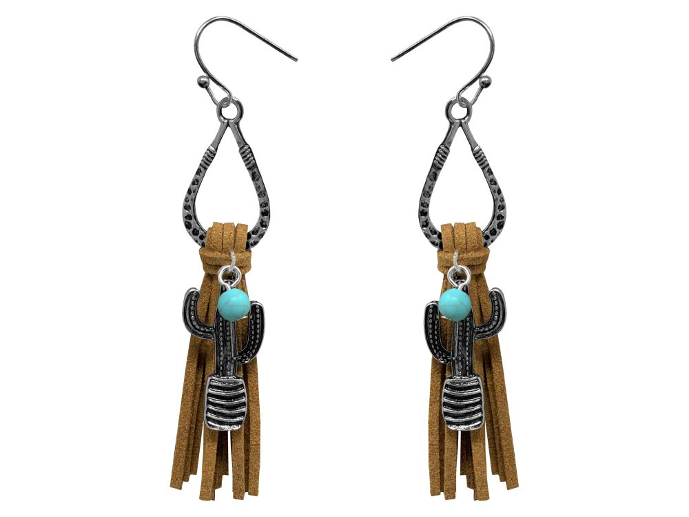 Teardrop silver earrings with hook back, with leather fringe and cactus dangle accent charm