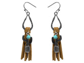 Teardrop silver earrings with hook back, with leather fringe and cactus dangle accent charm