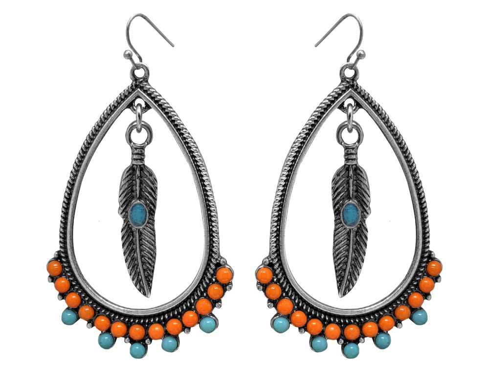 Beaded Teardrop Feather Dangle earrings with hook back