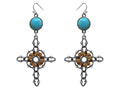 Cross silver earrings with hook back, with leather and turquoise accents