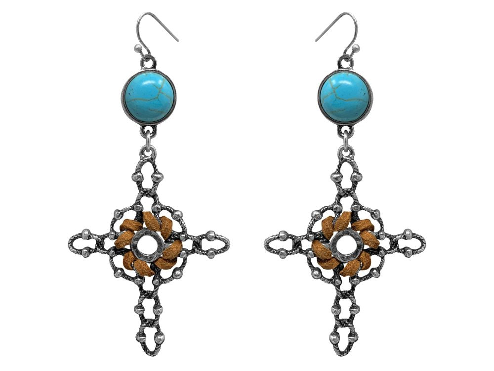 Cross silver earrings with hook back, with leather and turquoise accents
