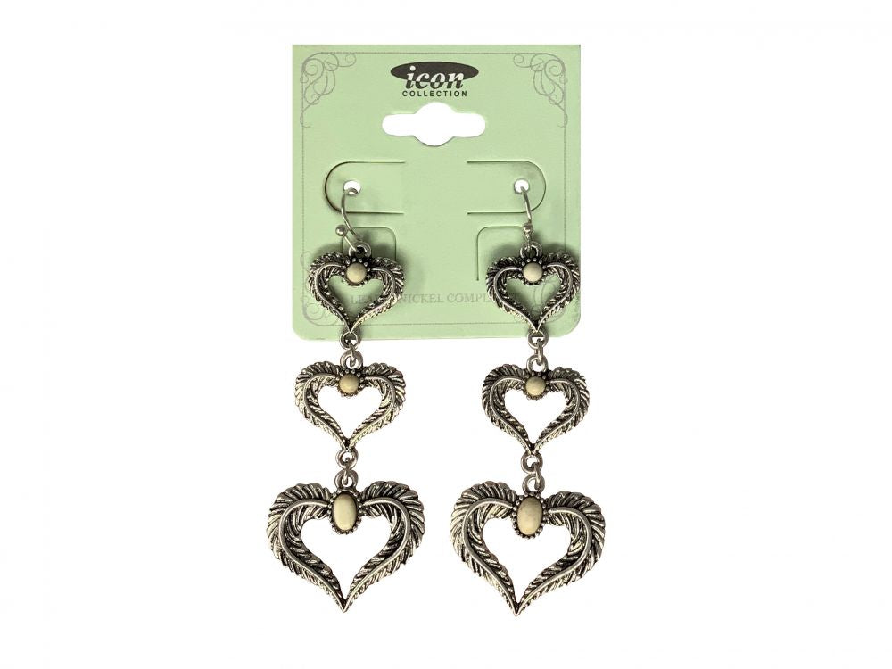 Silver Heart charm earrings with hook back and white stone accents