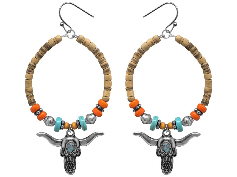 Hoop beaded and cork earrings with hook back and steer accent charm
