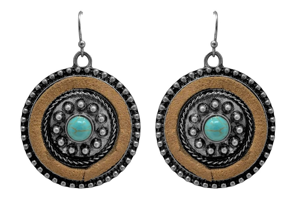 Western Concho Style Earrings With Turquoise Stone and Brown Suede