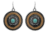 Western Concho Style Earrings With Turquoise Stone and Brown Suede