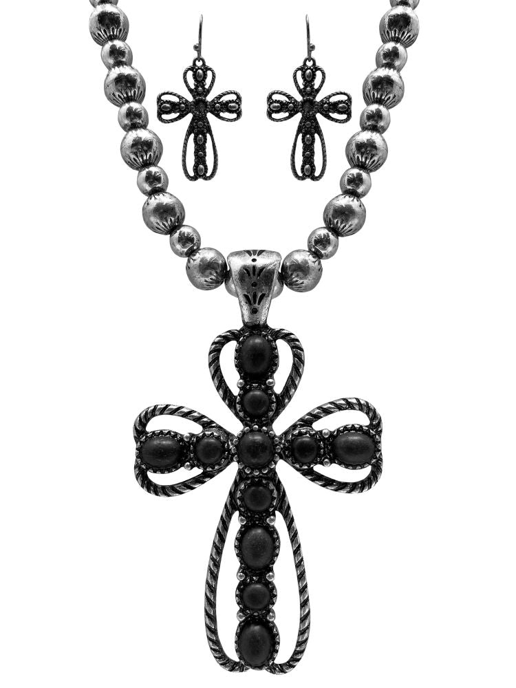 Western Statement Silver Cross Necklace and Earrings Set