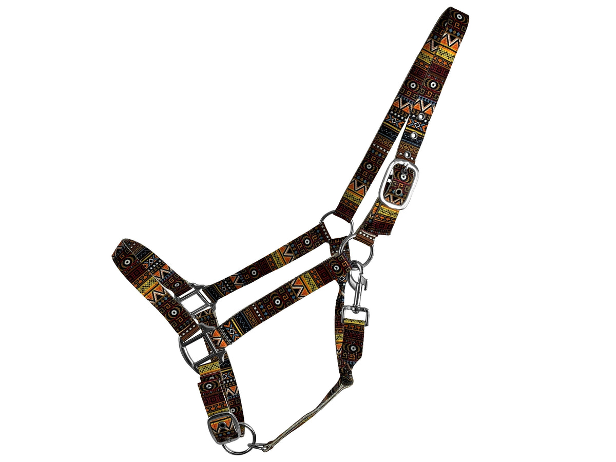 Premium nylon adjustable horse halter - Orange Aztec print