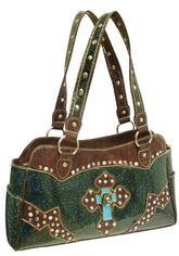 PG Teal filigree PU leather purse with brown gator print trim