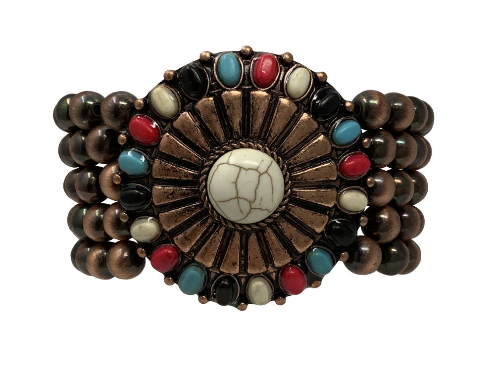 Western Navajo Pearl Beaded Stretch Bracelet - Concho