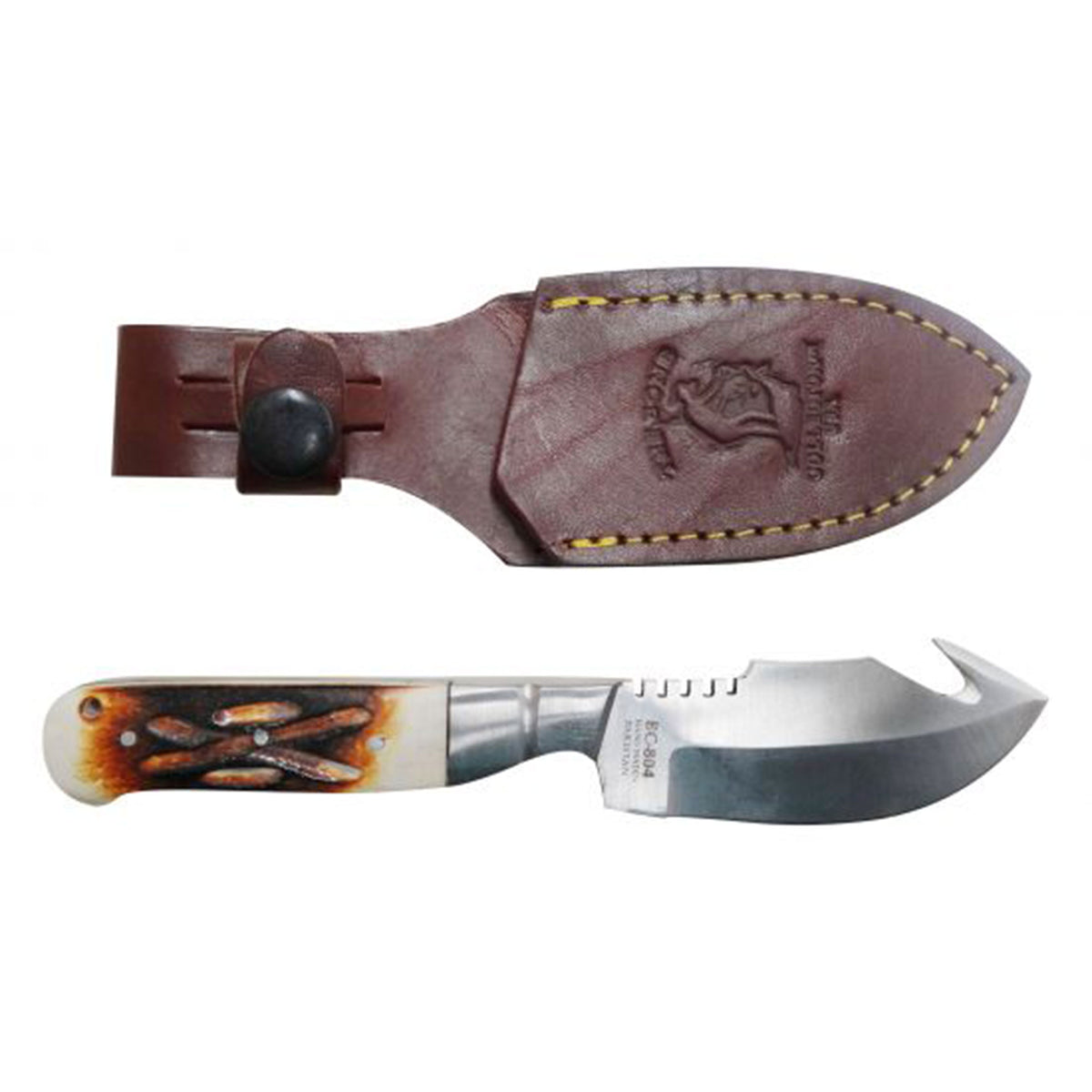 The Bone Collector Fixed Blade Sawtooth Knife with Bone Handle and Leather Holster