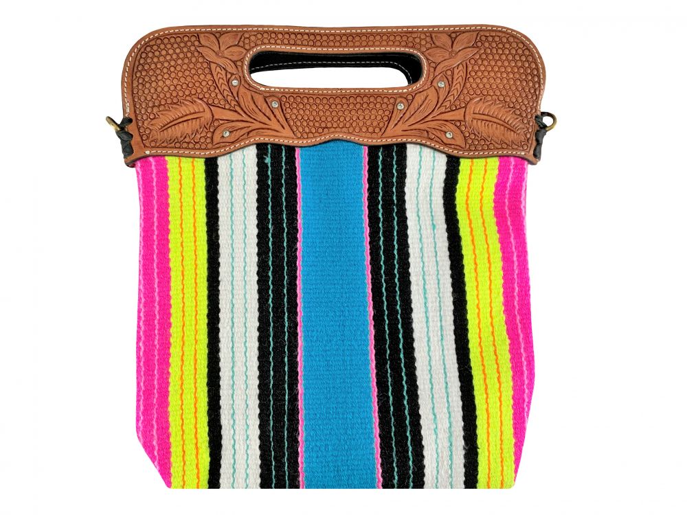Showman Saddle blanket handbag with genuine leather basket tooled handle with strap - Bright Stripe