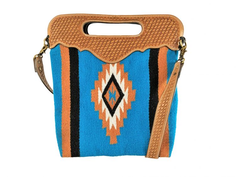 Showman Saddle blanket handbag with genuine leather basket tooled handle with strap