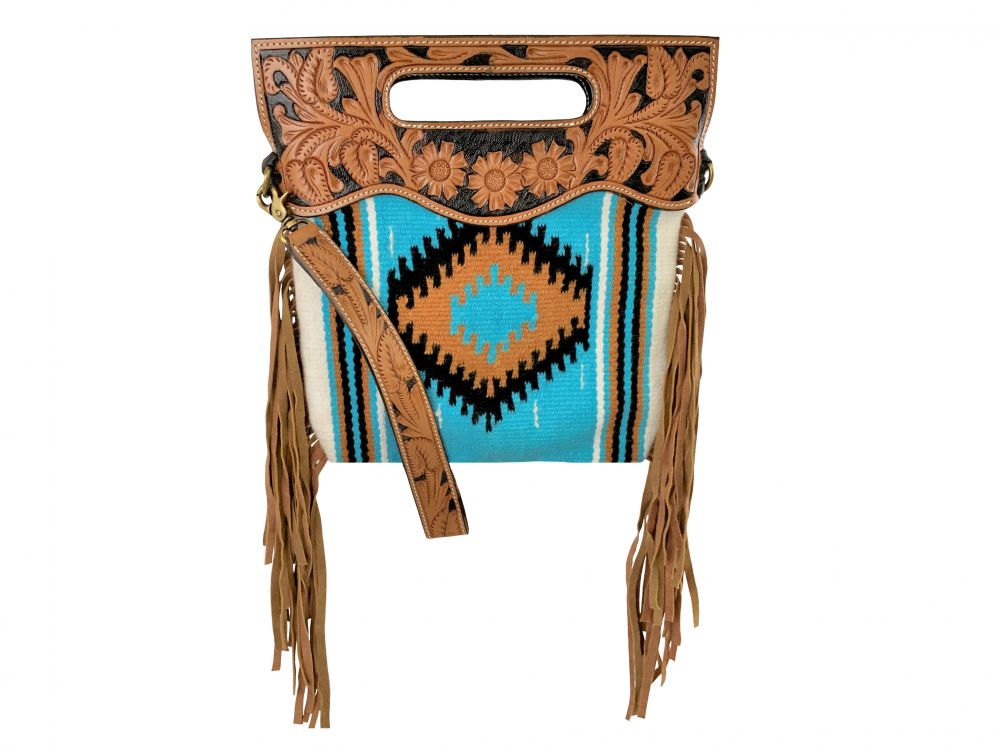 Showman Saddle blanket handbag with genuine leather floral tooled handle and strap - Teal and brown