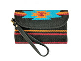 Showman 100% Wool Black Southwest Design Saddle Blanket Wristlet - black, orange, and red