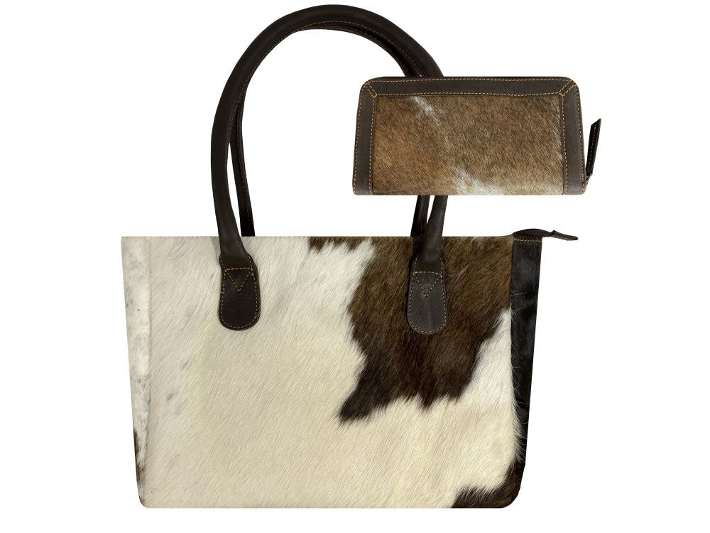 Showman Brown  White Hair on Cowhide Shoulder Bag and Wallet Set