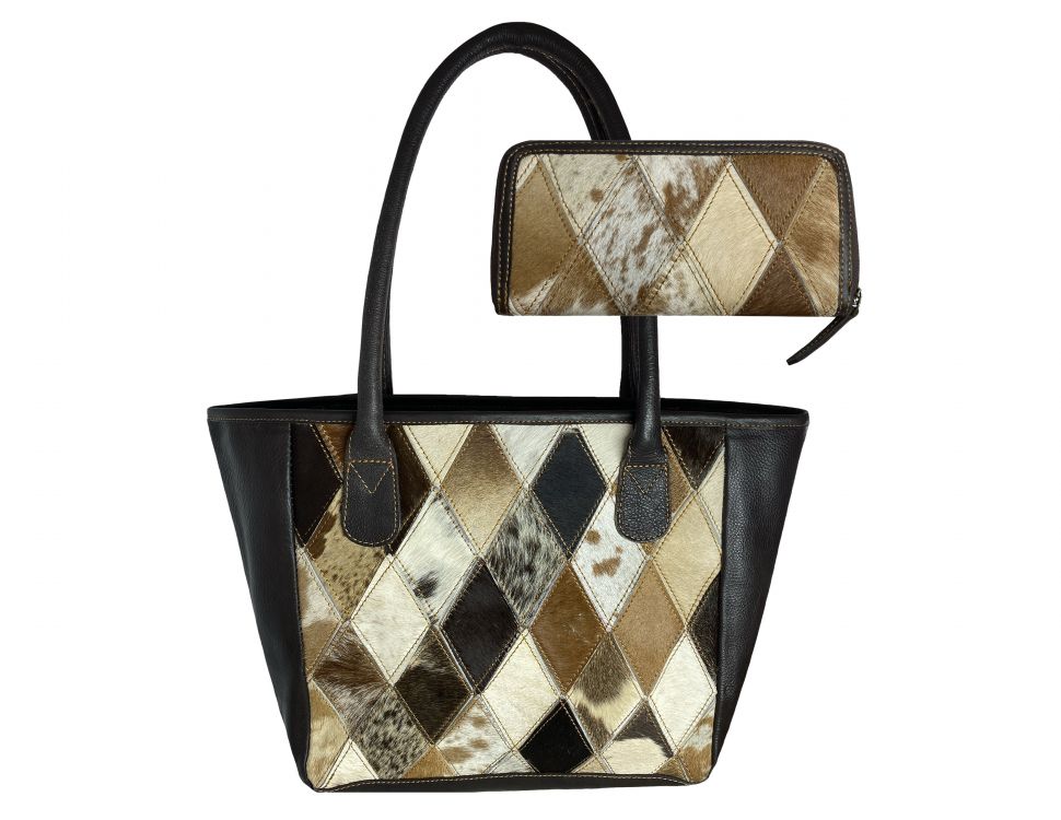 Showman Tri Color Diamond Hair on Cowhide Leather Shoulder Bag and Wallet Set