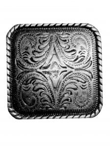 Silver engraved square concho with screw and rope border 1"