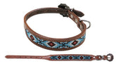 Showman Couture Beaded inlay leather dog collar with copper buckle - teal and black