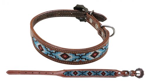 Showman Couture Beaded inlay leather dog collar with copper buckle - teal and black