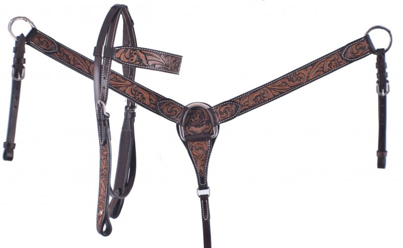 Showman Dark brown leather headstall and breast collar set with floral tooling