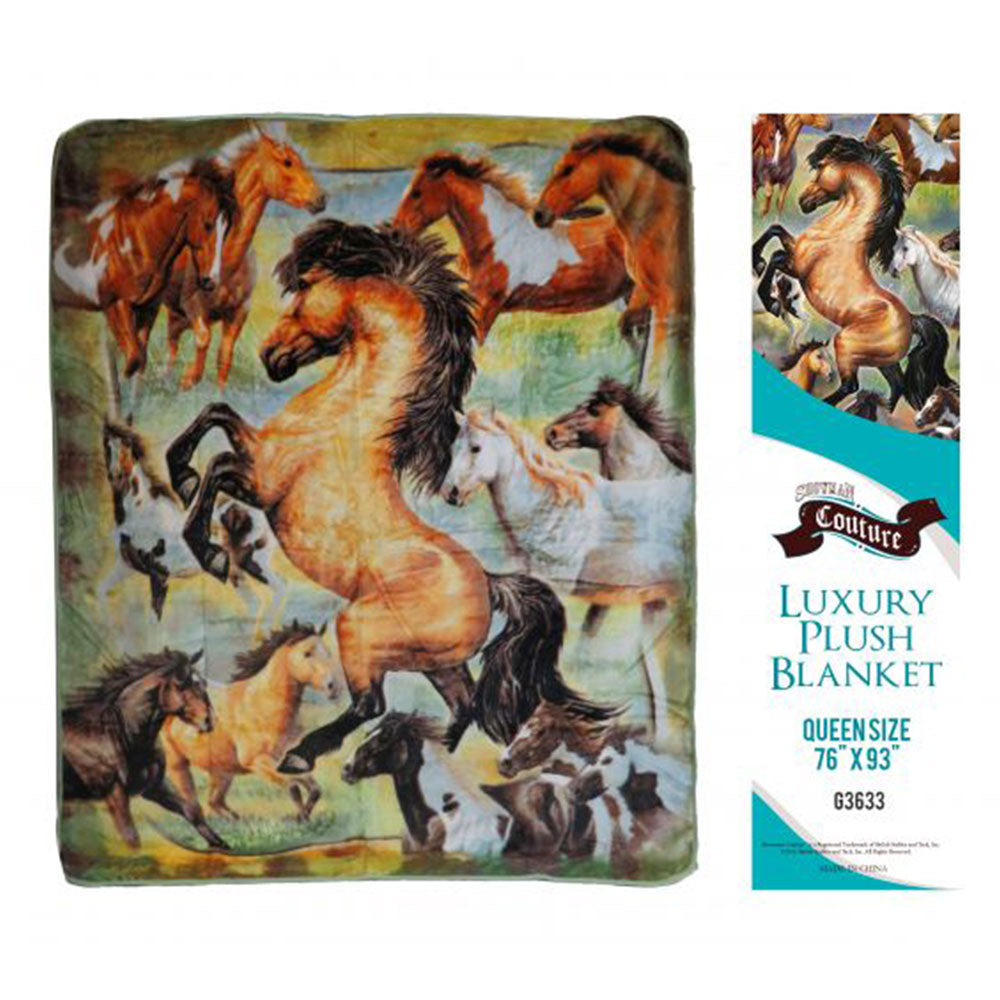 Showman Couture Queen Size Luxury Plush Blanket with Rearing Horse Print - 76" x 93"