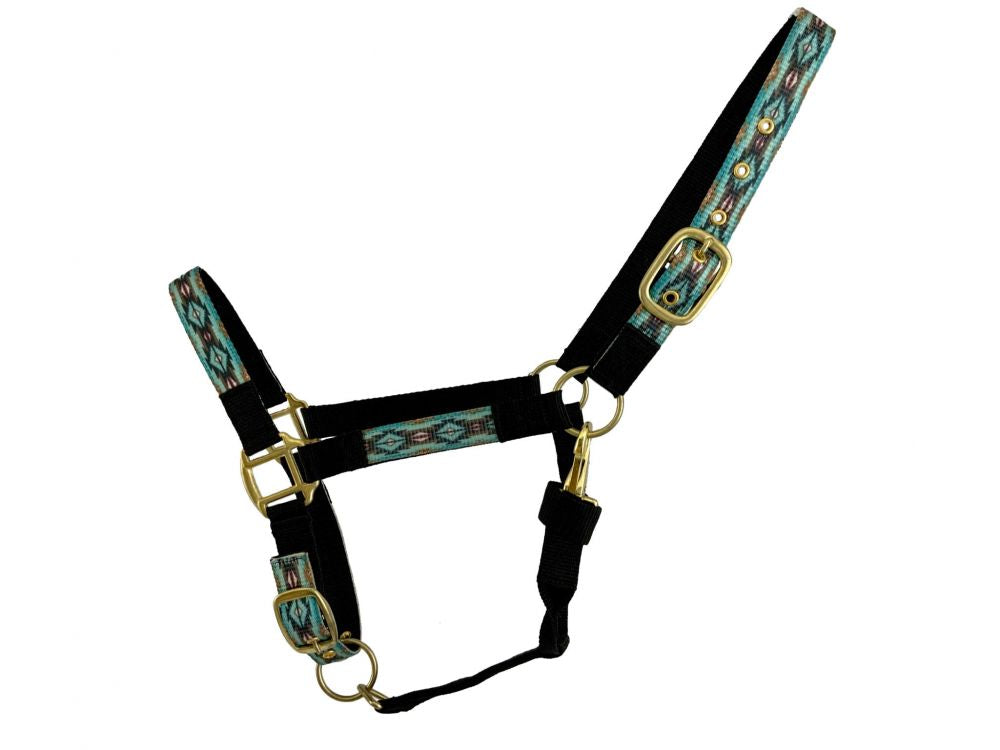 2ply Nylon Horse Sized Halter with Southwest design overlay - Teal