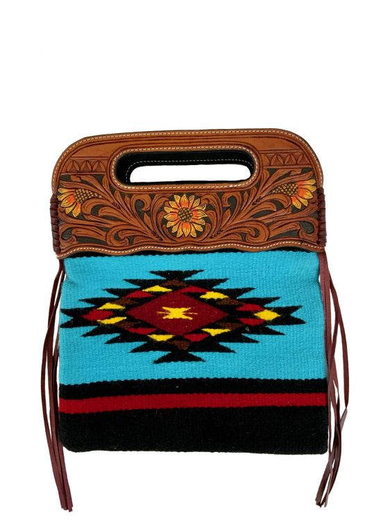 Showman Saddle blanket handbag with genuine leather floral tooled handle with painted sunflower motif
