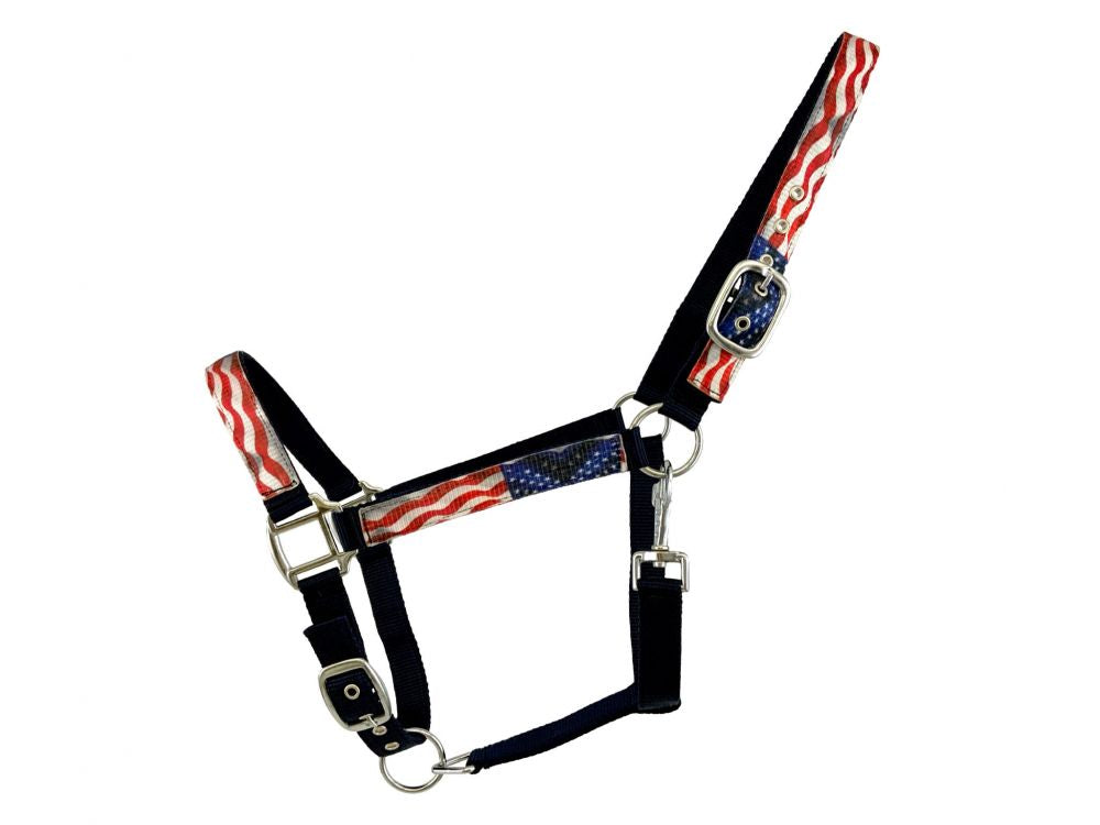3ply Nylon Horse Sized Halter with American Flag design overlay