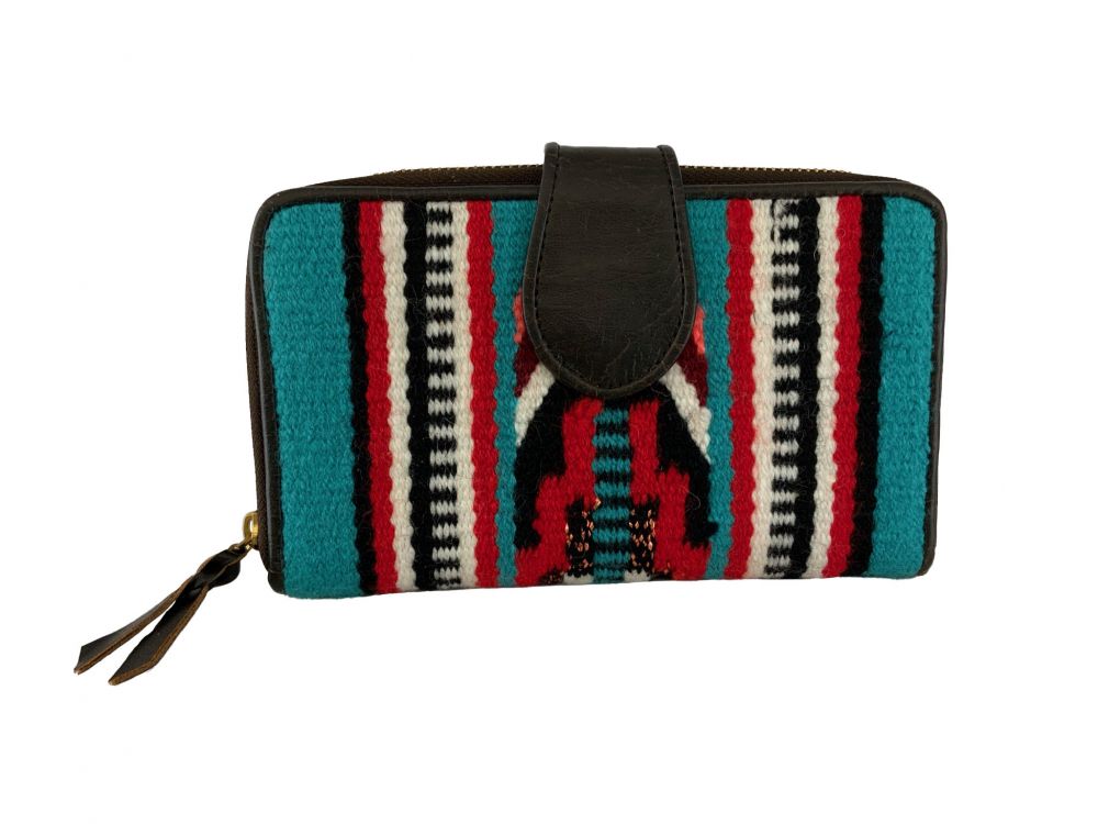 Showman Genuine Leather 100% Wool Turquoise, Black , & Red design Saddle Blanket Wallet