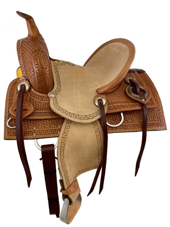 12" Double T hard seat roping style saddle with basket stamp tooling