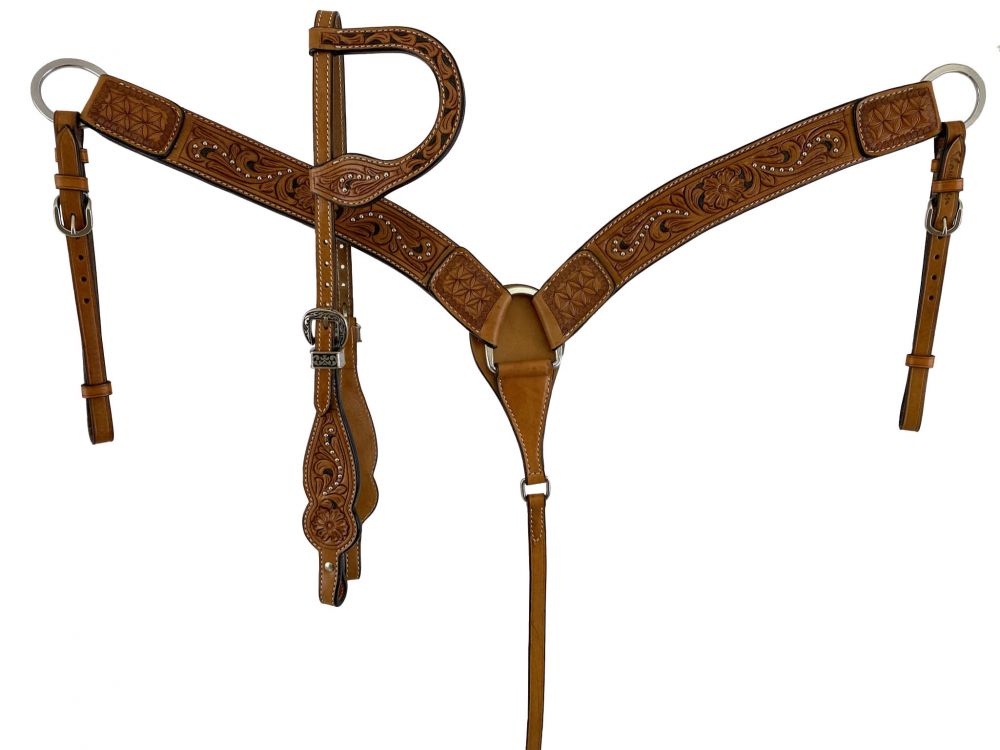 Showman Medium oil leather one ear headstall and breast collar set with floral tooling and silver dots