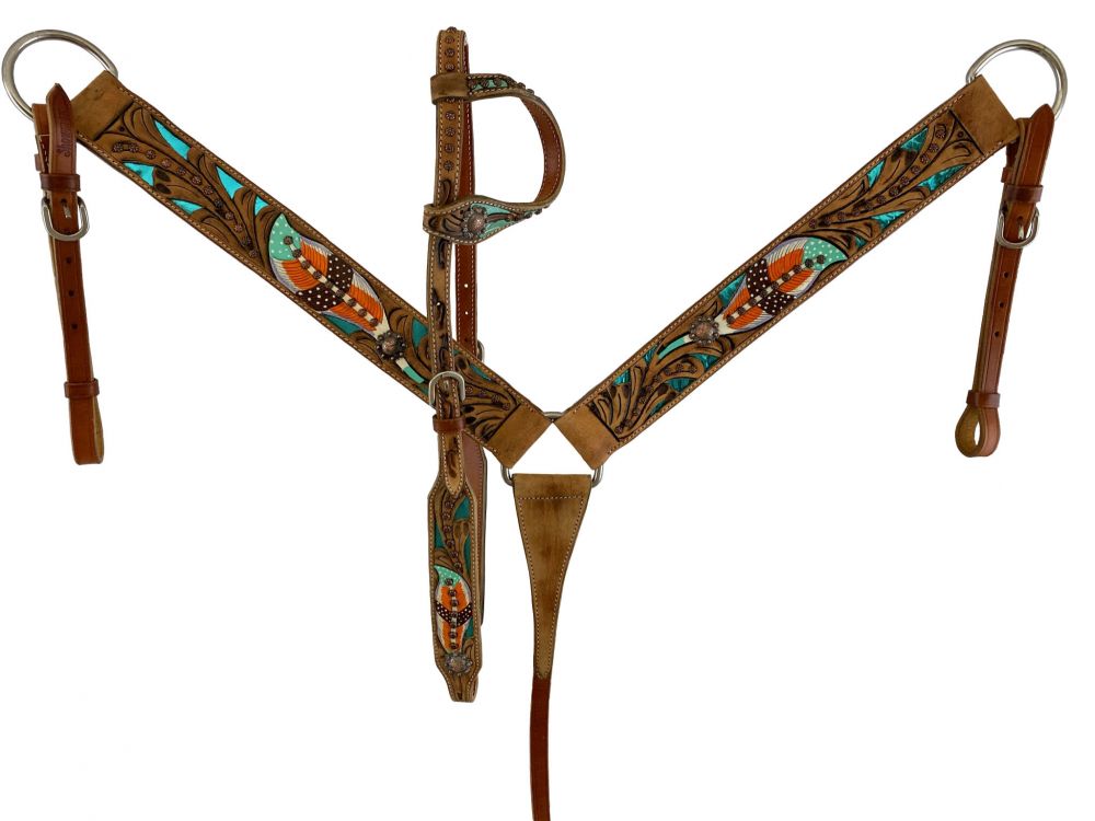 Showman Hand Painted Feather Design One Ear Headstall and Breast collar Set