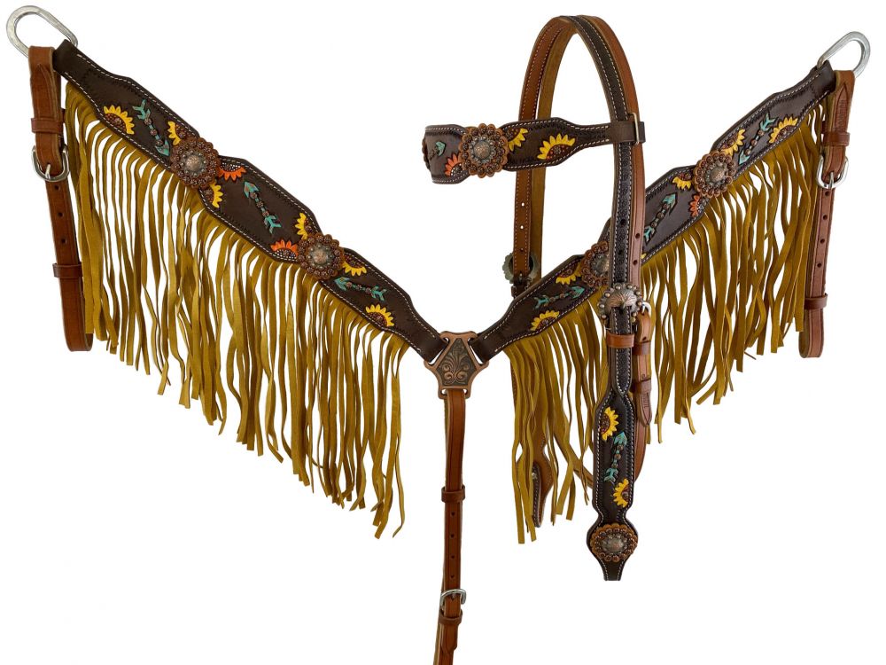 Showman Hand Painted Sunflower  Arrow Browband Headstall and Breast collar Set with Fringe