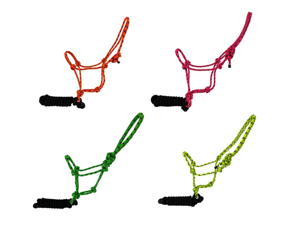 Showman Horse size fluorescent speckled cowboy knot halter with black removeable lead