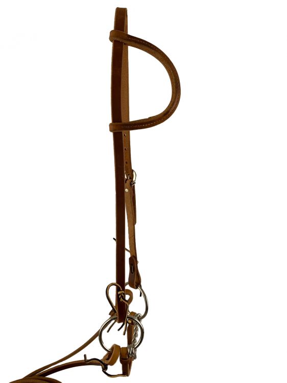American made oiled harness leather sliding one ear headstall, with twisted O-ring and 8ft harness reins