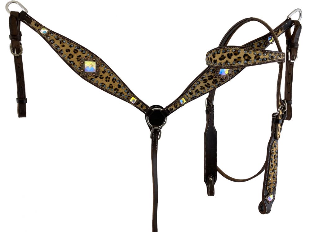 Showman Dark oil browband headstall and breast collar set with hair on Cheetah inlays